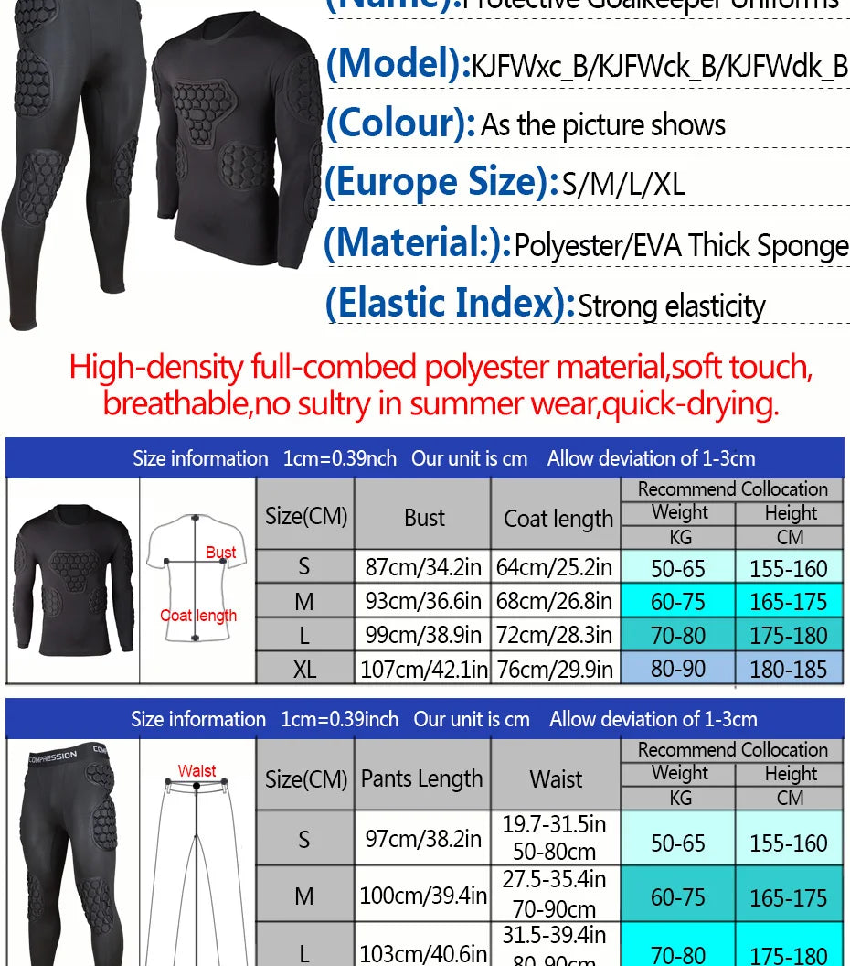 Professional goalkeeper armor uniforms football goalkeeper jerseys thicken EVA sponge elbow goalkeeper sports uniforms