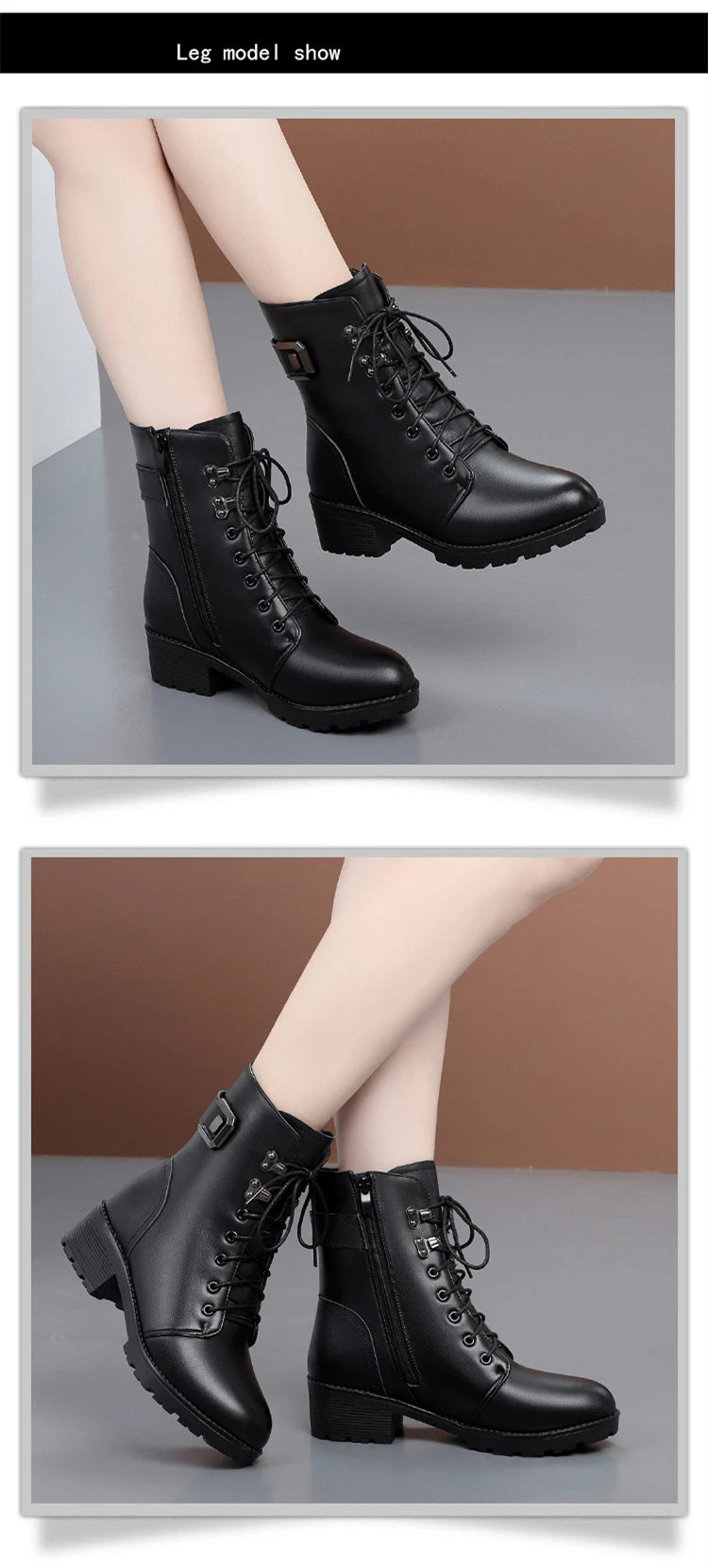 Female Ladies Women Genuine Leather Ankle Boots Platform Winter Autumn Plush Fur Warm Shoes Plus Size Lace Up 35-43
