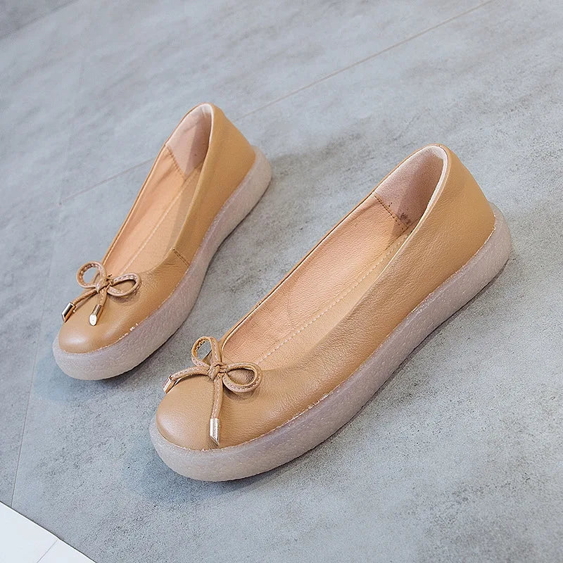 Women's Ladies Female Mother White Genuine Leather Shoes Flats Non Slip On Casual Bow Plus Size 43 42 JZ-19111