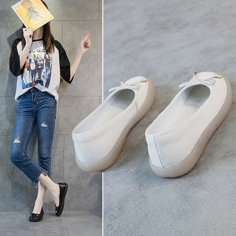 Women's Ladies Female Mother White Genuine Leather Shoes Flats Non Slip On Casual Bow Plus Size 43 42 JZ-19111