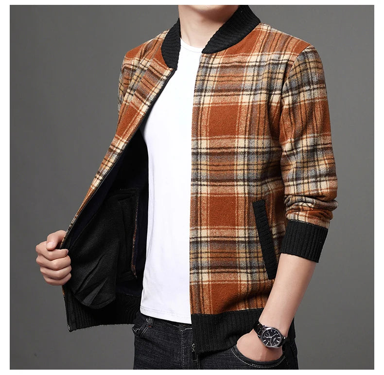 Men's Top Quality Woollen Thick Velvet Plaid Casual Baseball Collar Jacket, Korean Windbreaker Male Coats