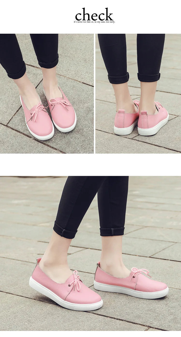 Women Students Girl Female Genuine Leather White Shoes Flats Platform Lace Up Korean Casual Vulcanized Shoes FEZ-173