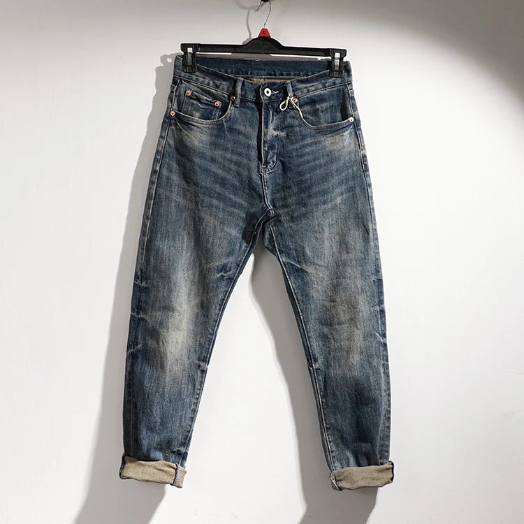 353# Autumn and Winter New Japanese Retro Heavyweight Tooling Jeans Men's Fashion Washed Old Straight Loose Elastic Casual Pants