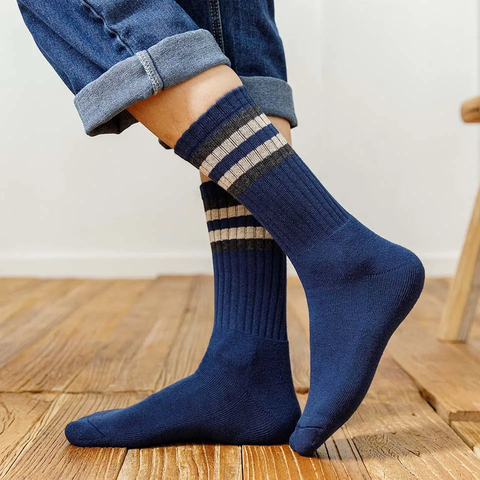 5 Pairs Winter Men's Cotton Tube Socks Harajuku Retro Thick Warm Striped Plus Size Long Terry Socks