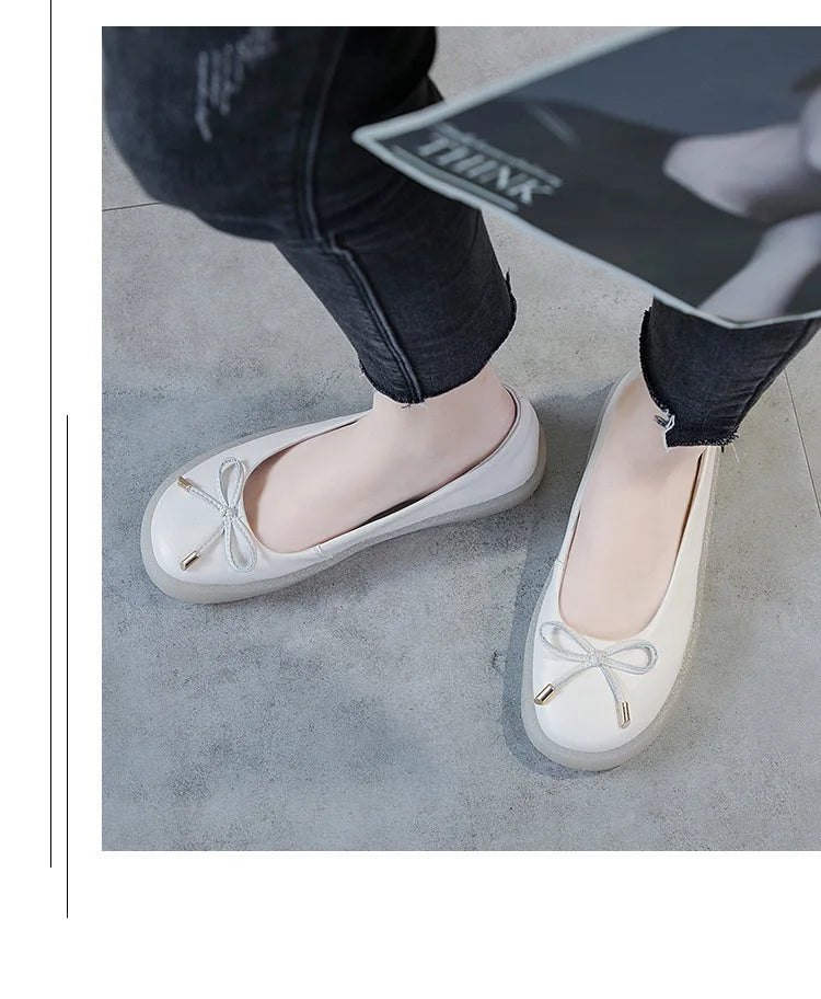 Women's Ladies Female Mother White Genuine Leather Shoes Flats Non Slip On Casual Bow Plus Size 43 42 JZ-19111