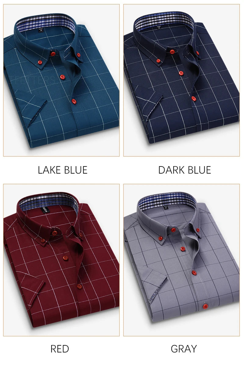Summer Men Shirts Short Sleeve Plaid Shirt Slim Casual Button Up Dress Shirts Men Big Size M-5XL Anti-wrinkle Soft