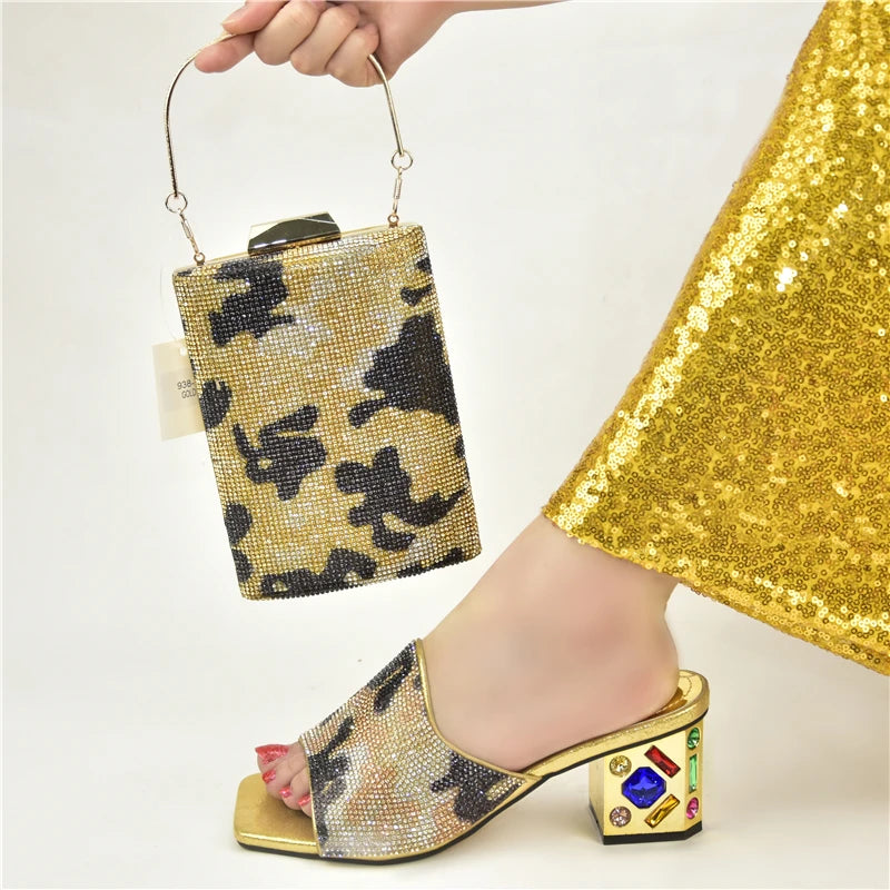 Women's Italian Luxury Shoes with Bag Set Decorated with Rhinestone Open Toe Pumps for party
