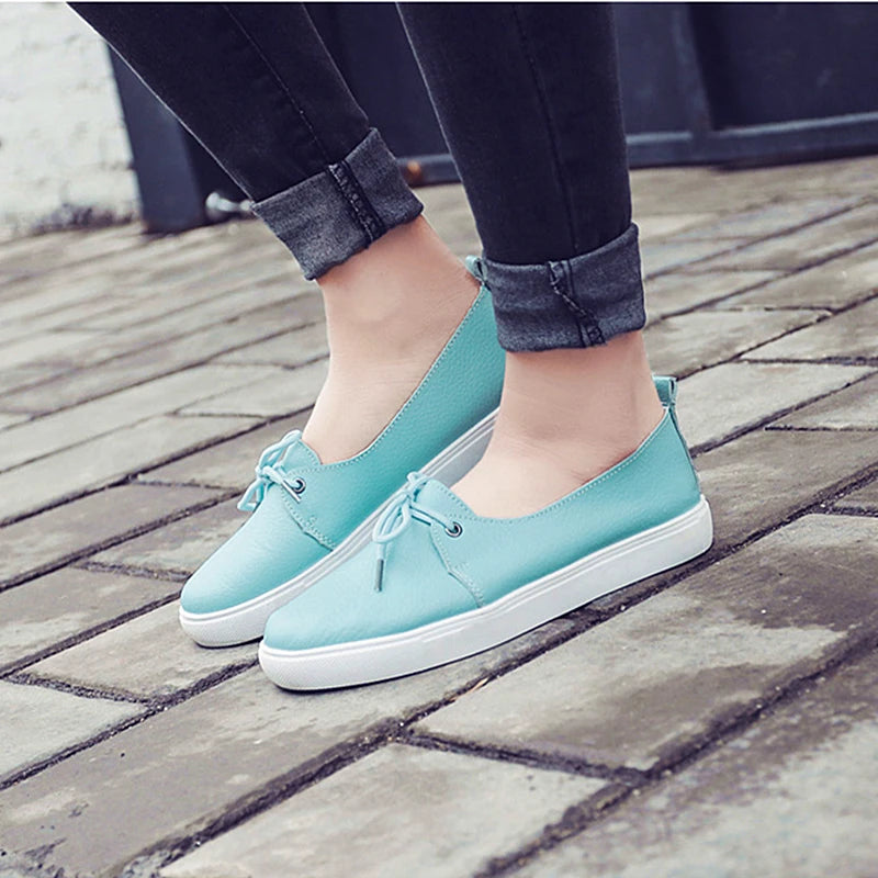 Women Students Girl Female Genuine Leather White Shoes Flats Platform Lace Up Korean Casual Vulcanized Shoes FEZ-173