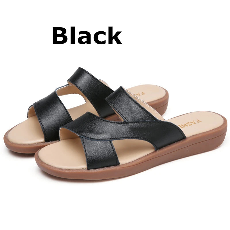 Women Old Mother Female Ladies Shoes Sandals Cow Genuine Leather Slip On Summer Beach Casual Size 35-40 YL-1802