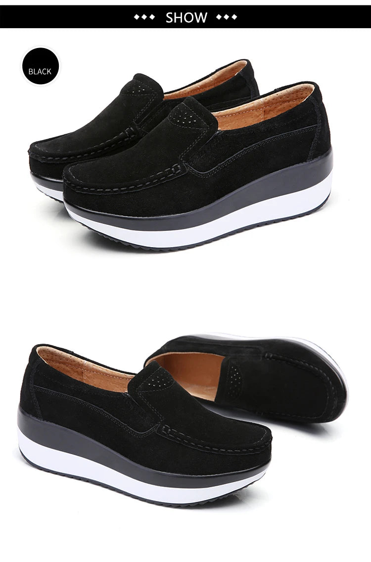 Women's Woman Female Ladies Cow Suede Genuine Leather Shoes Flats Loafers Platform Moccasins Elegant Slip On PX-3213