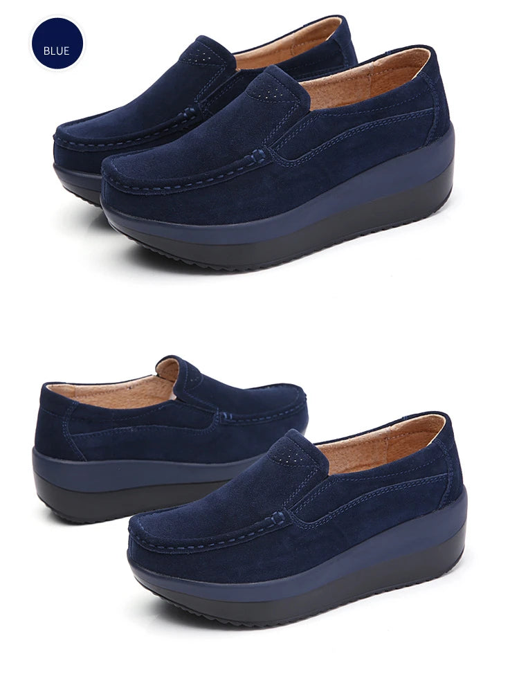 Women's Woman Female Ladies Cow Suede Genuine Leather Shoes Flats Loafers Platform Moccasins Elegant Slip On PX-3213
