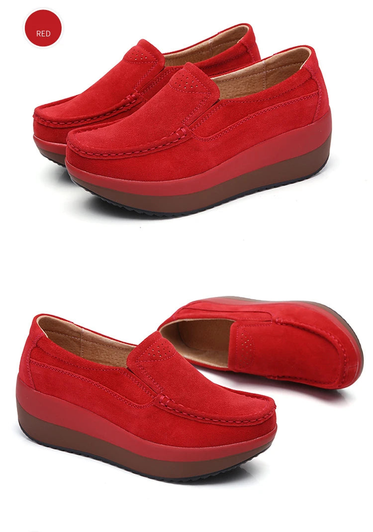 Women's Woman Female Ladies Cow Suede Genuine Leather Shoes Flats Loafers Platform Moccasins Elegant Slip On PX-3213