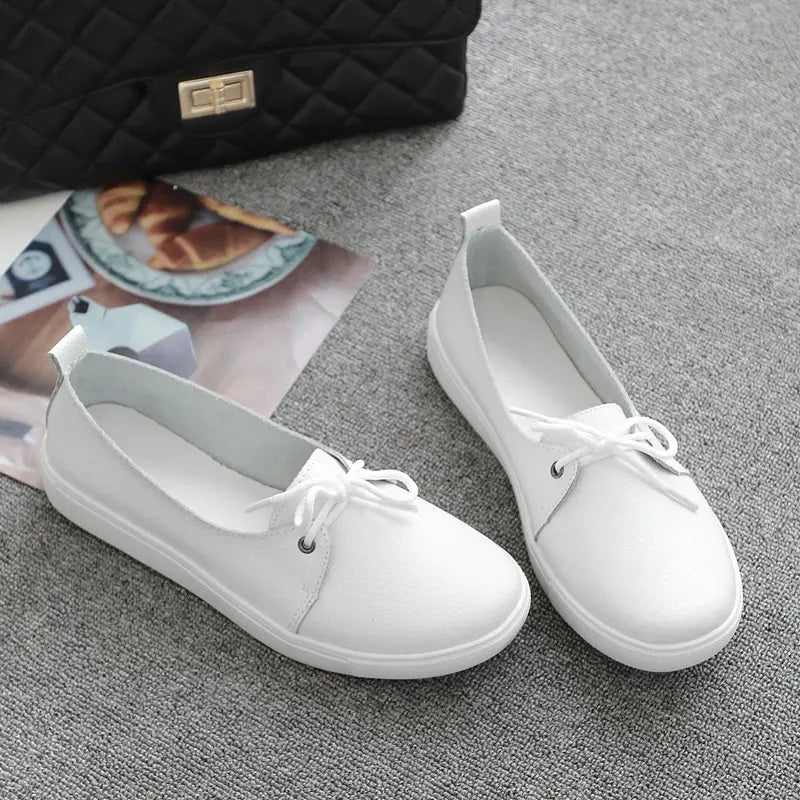 Women Students Girl Female Genuine Leather White Shoes Flats Platform Lace Up Korean Casual Vulcanized Shoes FEZ-173