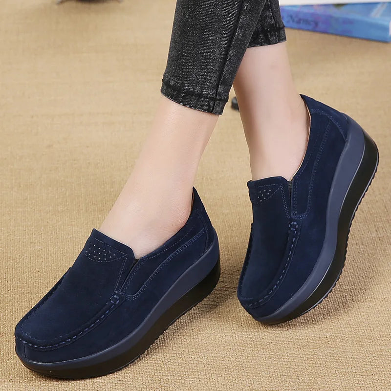 Women's Woman Female Ladies Cow Suede Genuine Leather Shoes Flats Loafers Platform Moccasins Elegant Slip On PX-3213