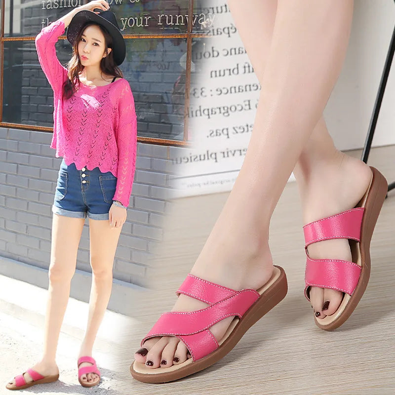 Women Old Mother Female Ladies Shoes Sandals Cow Genuine Leather Slip On Summer Beach Casual Size 35-40 YL-1802