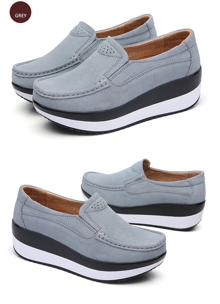 Women's Woman Female Ladies Cow Suede Genuine Leather Shoes Flats Loafers Platform Moccasins Elegant Slip On PX-3213