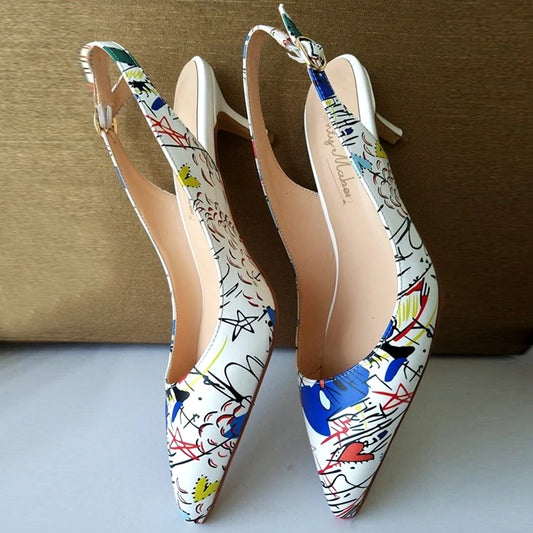 Women Pointed Toe Slingback Sandals Ankle Strap Kitten Heels Party Wedding Graffiti Shoes 6.5CM Pumps