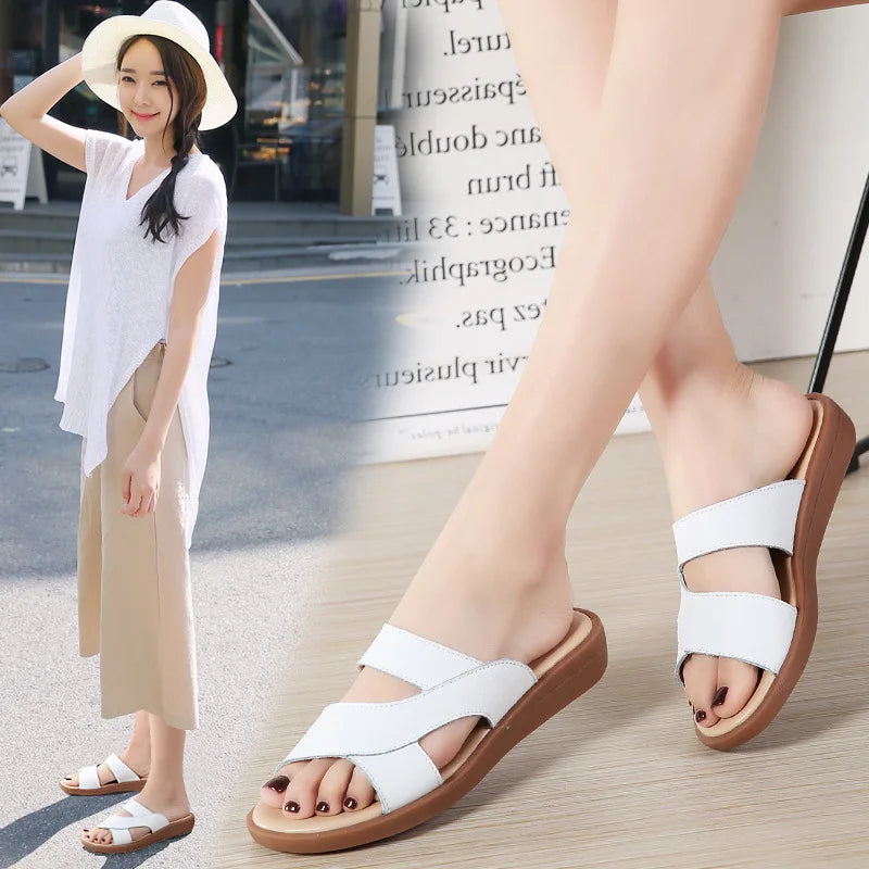 Women Old Mother Female Ladies Shoes Sandals Cow Genuine Leather Slip On Summer Beach Casual Size 35-40 YL-1802
