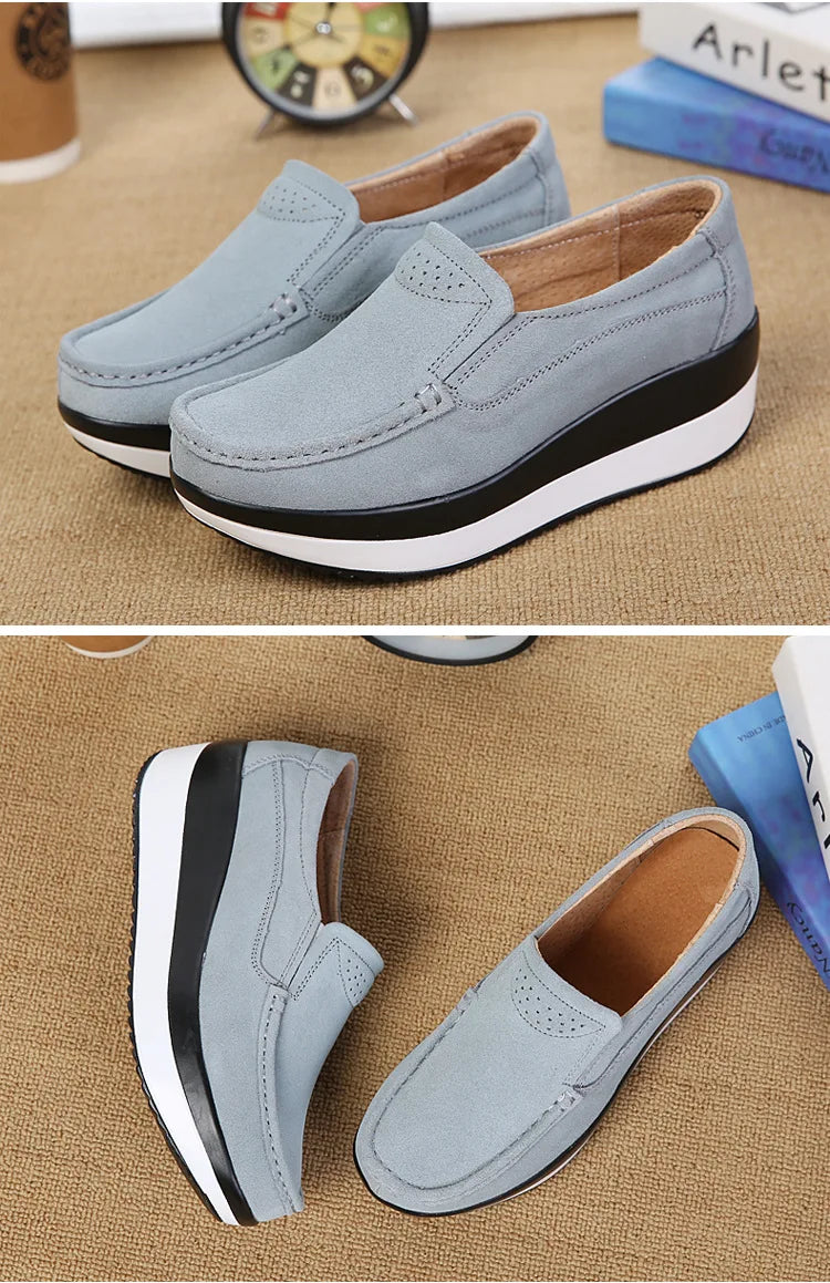Women's Woman Female Ladies Cow Suede Genuine Leather Shoes Flats Loafers Platform Moccasins Elegant Slip On PX-3213