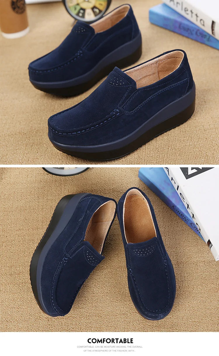 Women's Woman Female Ladies Cow Suede Genuine Leather Shoes Flats Loafers Platform Moccasins Elegant Slip On PX-3213