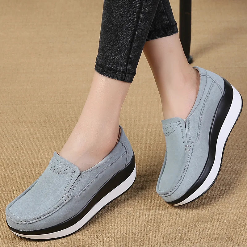 Women's Woman Female Ladies Cow Suede Genuine Leather Shoes Flats Loafers Platform Moccasins Elegant Slip On PX-3213