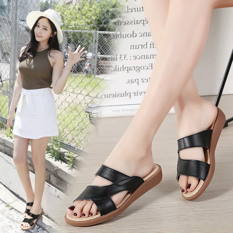Women Old Mother Female Ladies Shoes Sandals Cow Genuine Leather Slip On Summer Beach Casual Size 35-40 YL-1802