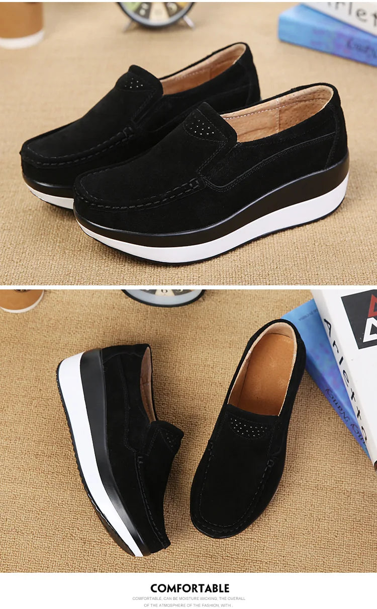 Women's Woman Female Ladies Cow Suede Genuine Leather Shoes Flats Loafers Platform Moccasins Elegant Slip On PX-3213