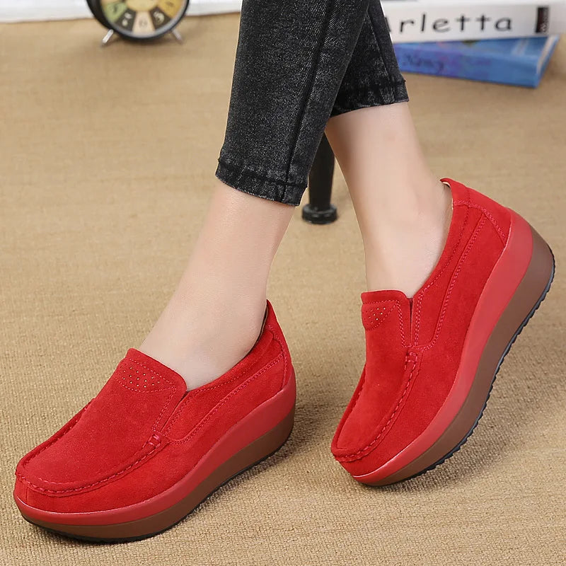 Women's Woman Female Ladies Cow Suede Genuine Leather Shoes Flats Loafers Platform Moccasins Elegant Slip On PX-3213