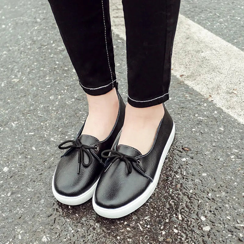 Women Students Girl Female Genuine Leather White Shoes Flats Platform Lace Up Korean Casual Vulcanized Shoes FEZ-173