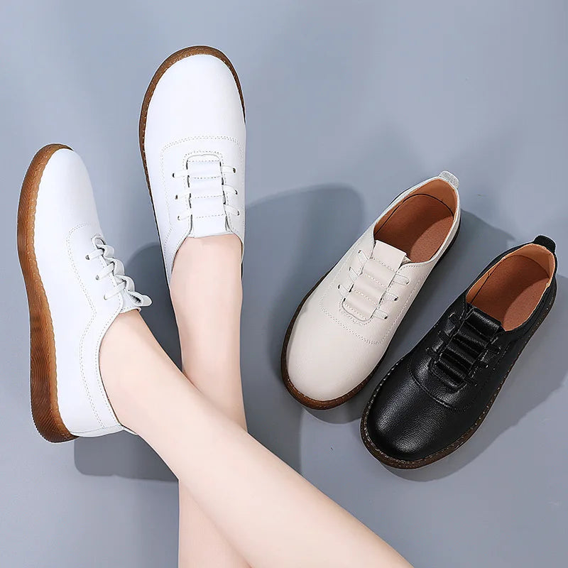 Women Ladies Mother Female Genuine Leather Flats Loafers White Shoes Soft Non Slip Vulcanized Shoes Size 35-41