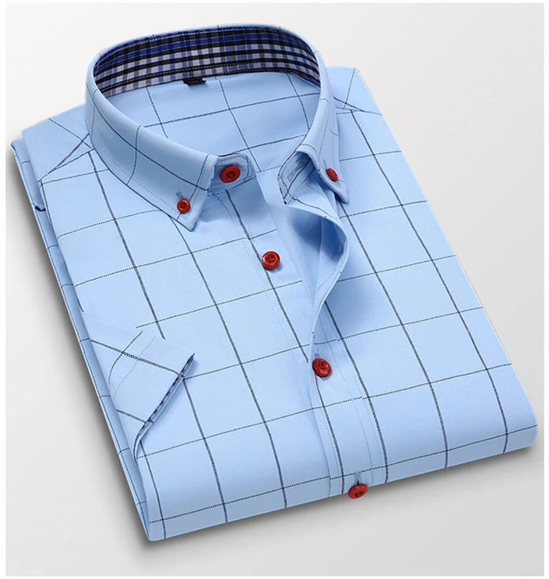 Summer Men Shirts Short Sleeve Plaid Shirt Slim Casual Button Up Dress Shirts Men Big Size M-5XL Anti-wrinkle Soft