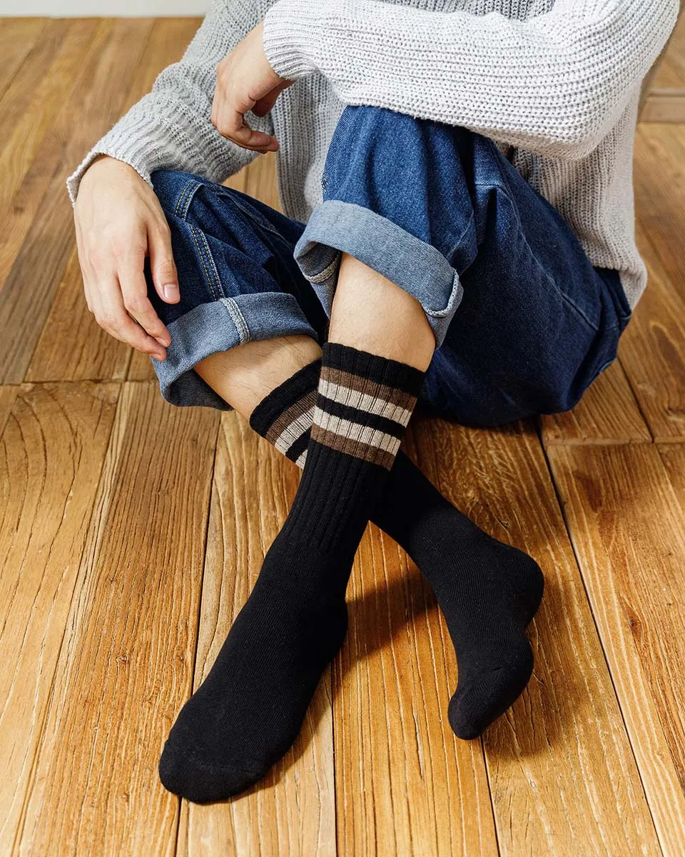 5 Pairs Winter Men's Cotton Tube Socks Harajuku Retro Thick Warm Striped Plus Size Long Terry Socks