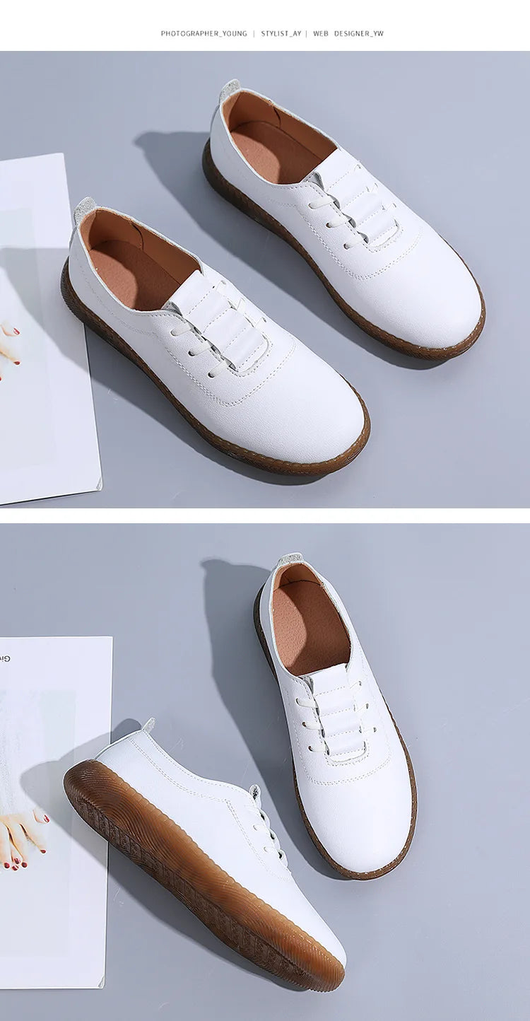 Women Ladies Mother Female Genuine Leather Flats Loafers White Shoes Soft Non Slip Vulcanized Shoes Size 35-41