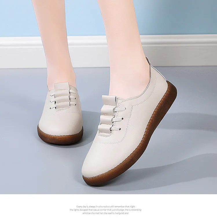 Women Ladies Mother Female Genuine Leather Flats Loafers White Shoes Soft Non Slip Vulcanized Shoes Size 35-41