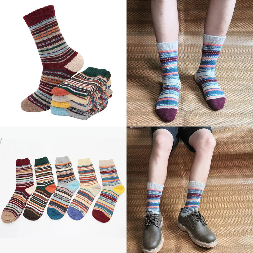 5 Pairs Winter Men's Wool Socks Harajuku Retro Warm Thick Comfortable Knitted Casual Striped Socks
