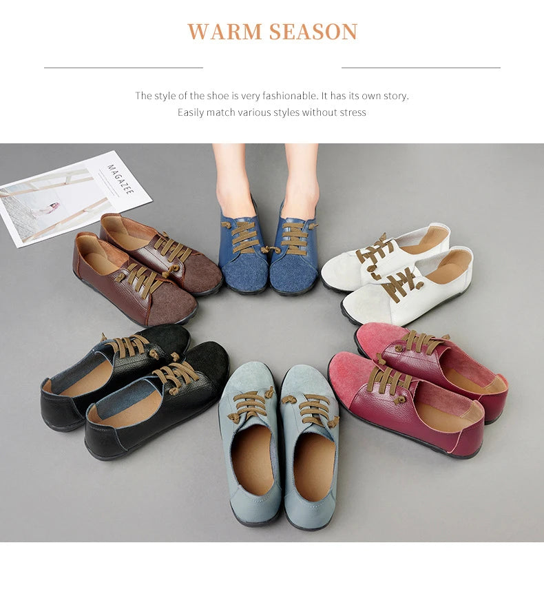 Women's Genuine Leather Mother Ladies Shoes Flats Loafers Ballerina Lace Up Soft Moccasins Plus Size 43 44 MX-052