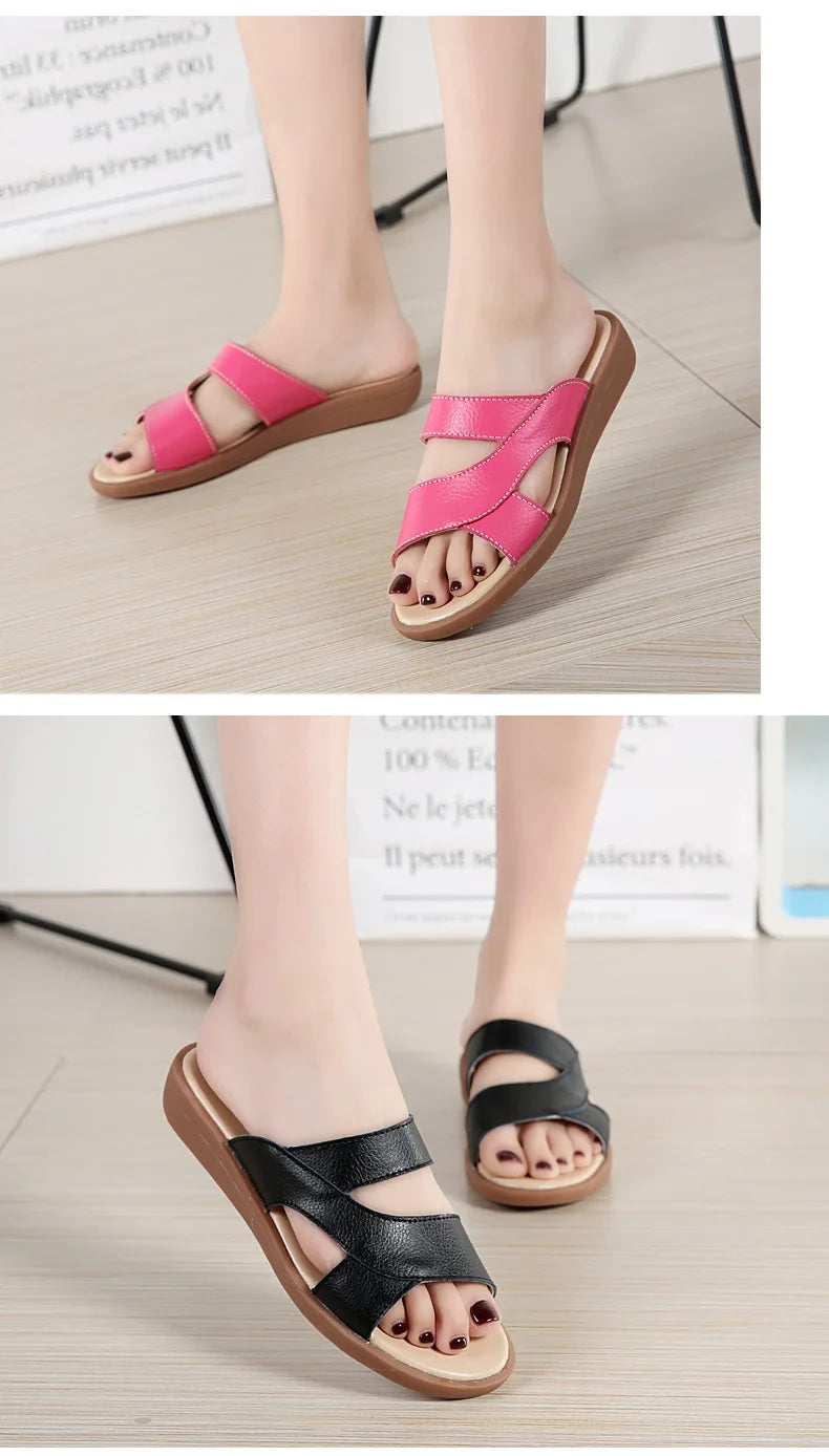 Women Old Mother Female Ladies Shoes Sandals Cow Genuine Leather Slip On Summer Beach Casual Size 35-40 YL-1802