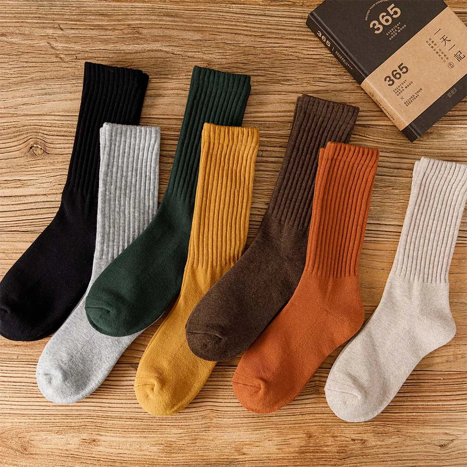 5 Pairs Winter Men's Cotton Tube Socks Harajuku Retro Thick Warm Striped Plus Size Long Terry Socks