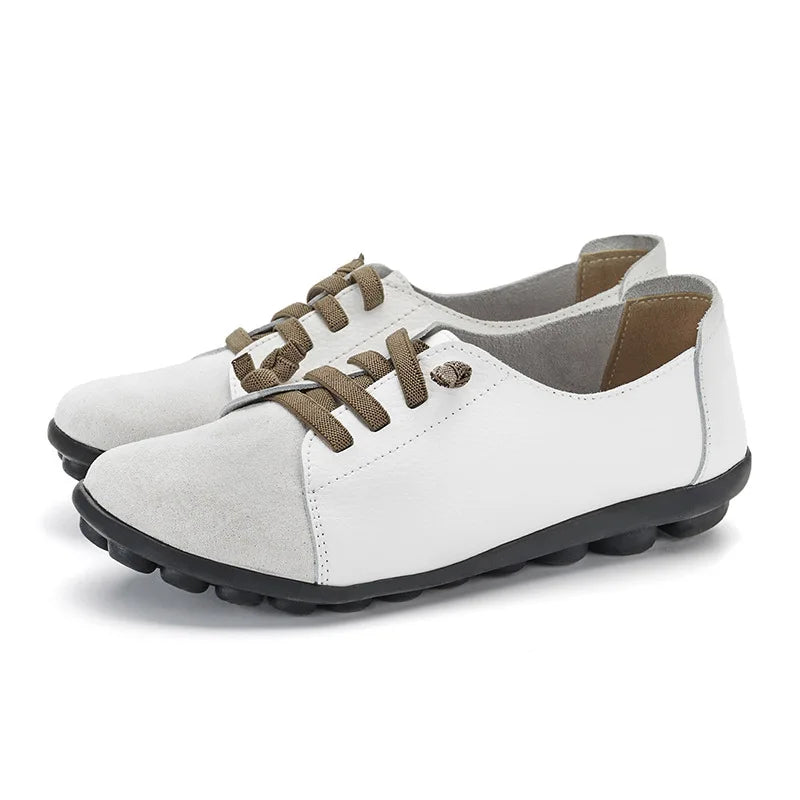 Women's Genuine Leather Mother Ladies Shoes Flats Loafers Ballerina Lace Up Soft Moccasins Plus Size 43 44 MX-052