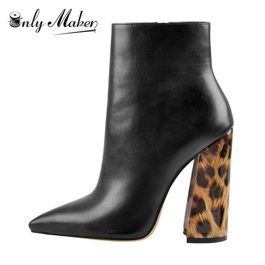 Women Pointed Toe 10CM Leopard Chunky Heels Ankle Boots Side Zipper High Heel Thick Autumn Booties
