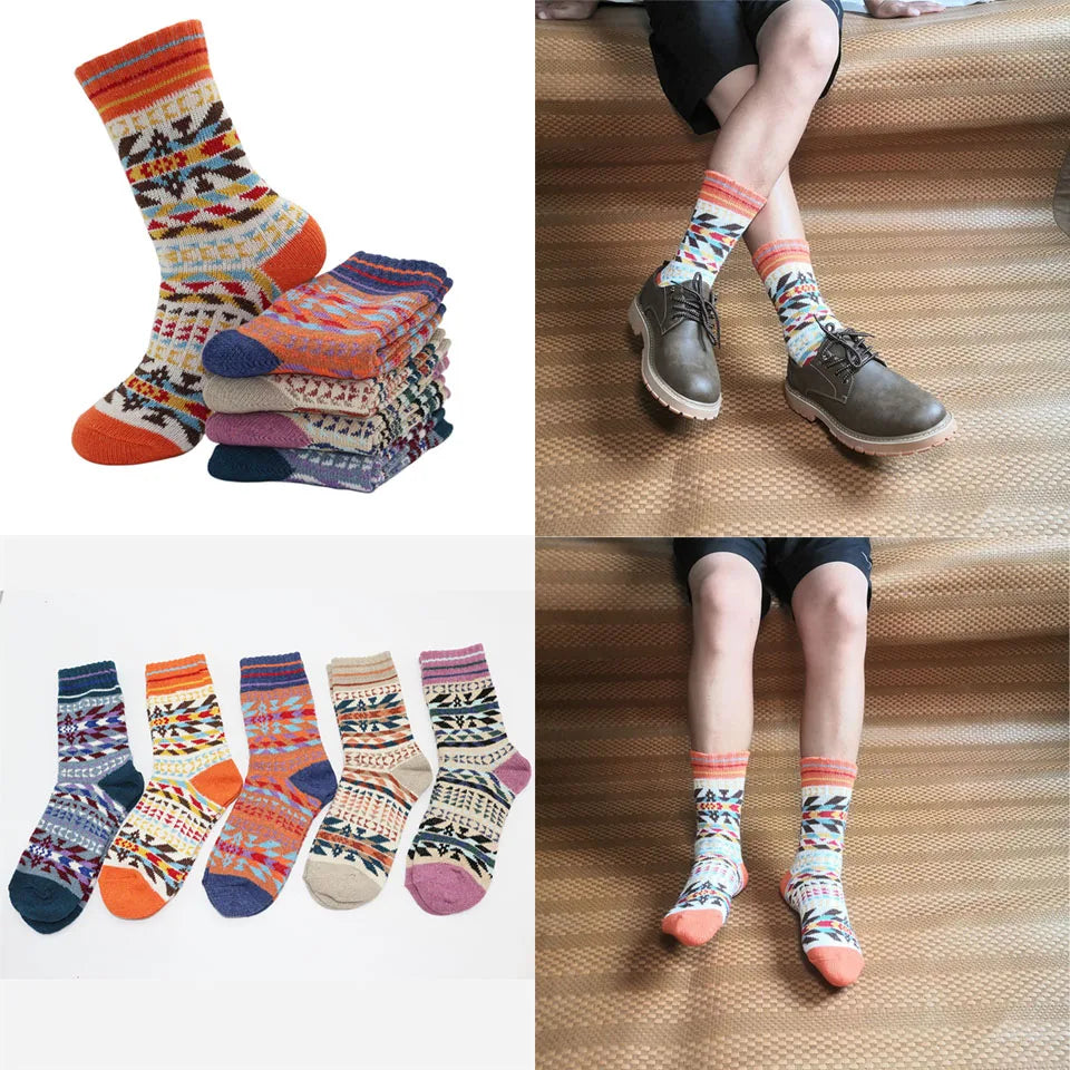 5 Pairs Winter Men's Wool Socks Harajuku Retro Warm Thick Comfortable Knitted Casual Striped Socks