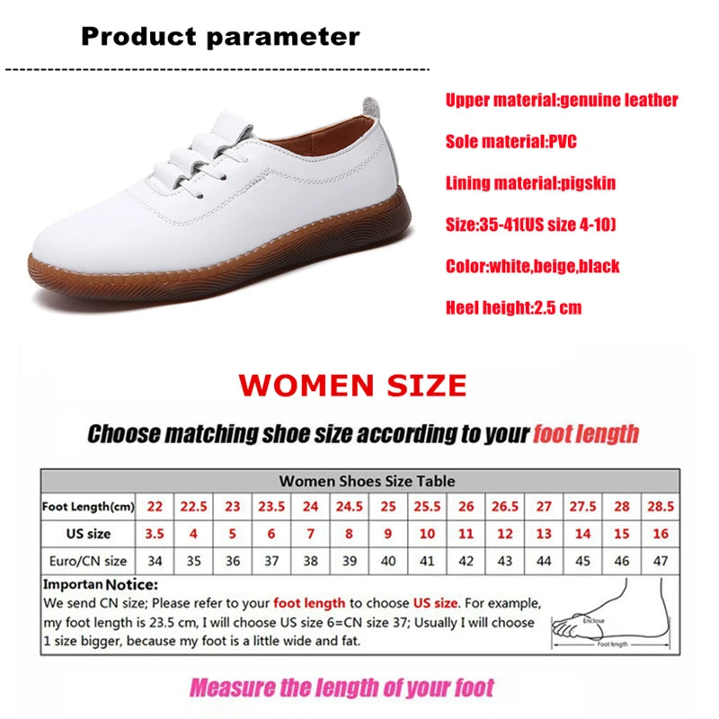 Women Ladies Mother Female Genuine Leather Flats Loafers White Shoes Soft Non Slip Vulcanized Shoes Size 35-41