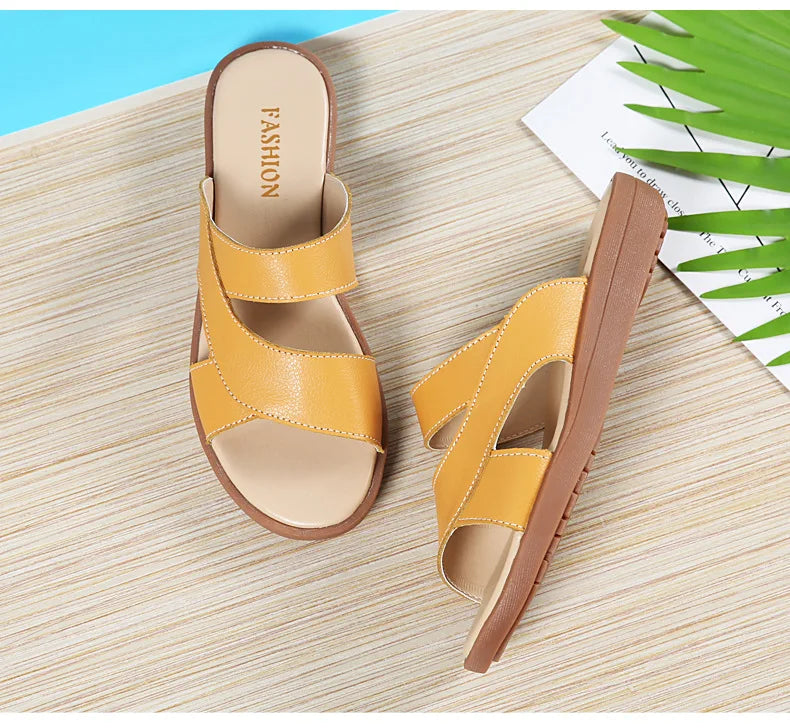 Women Old Mother Female Ladies Shoes Sandals Cow Genuine Leather Slip On Summer Beach Casual Size 35-40 YL-1802