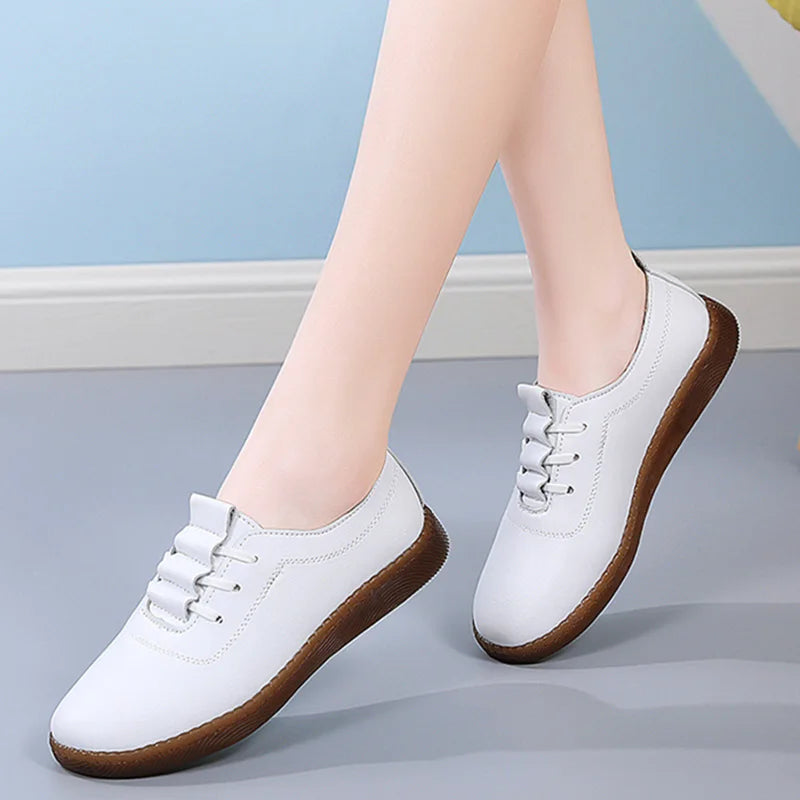 Women Ladies Mother Female Genuine Leather Flats Loafers White Shoes Soft Non Slip Vulcanized Shoes Size 35-41