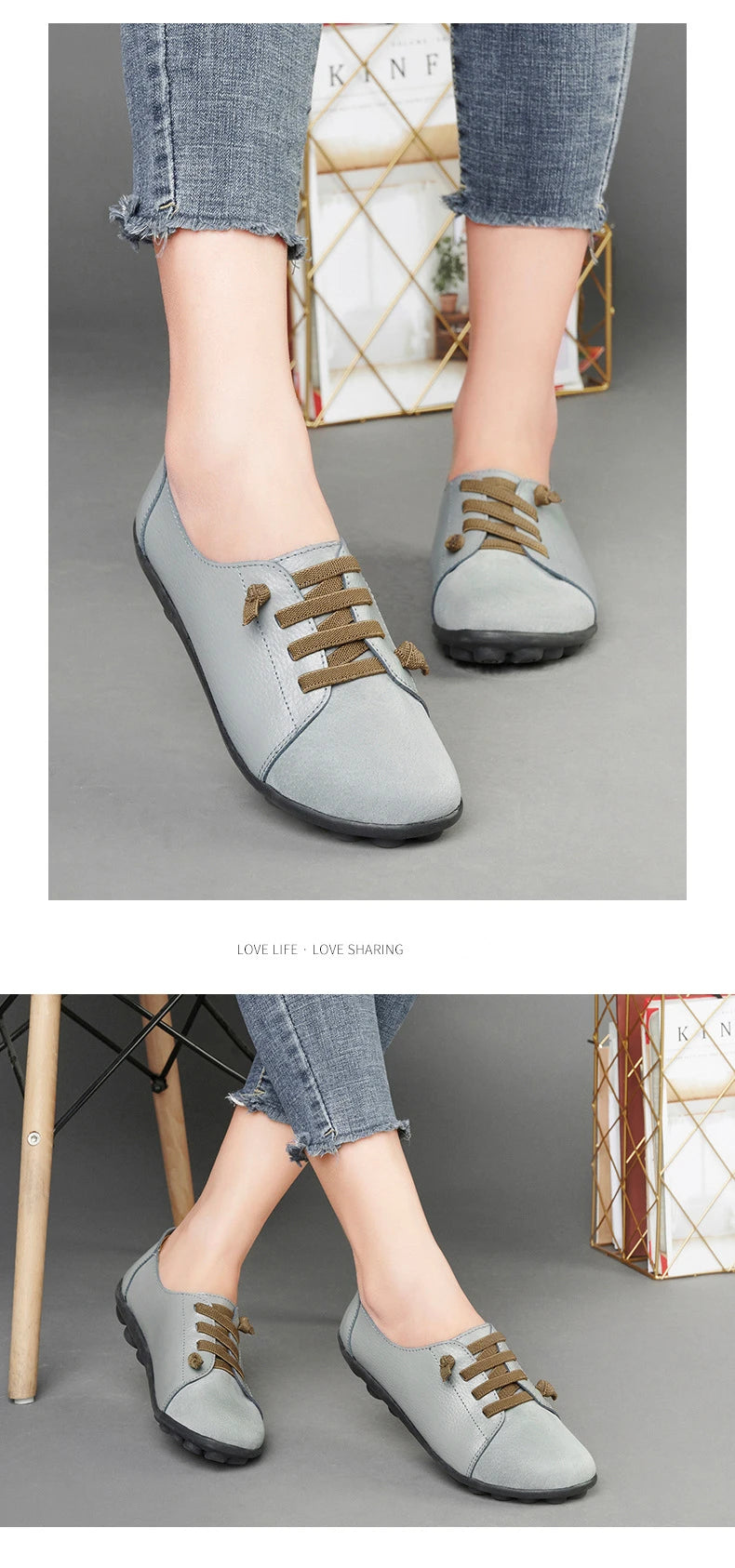 Women's Genuine Leather Mother Ladies Shoes Flats Loafers Ballerina Lace Up Soft Moccasins Plus Size 43 44 MX-052