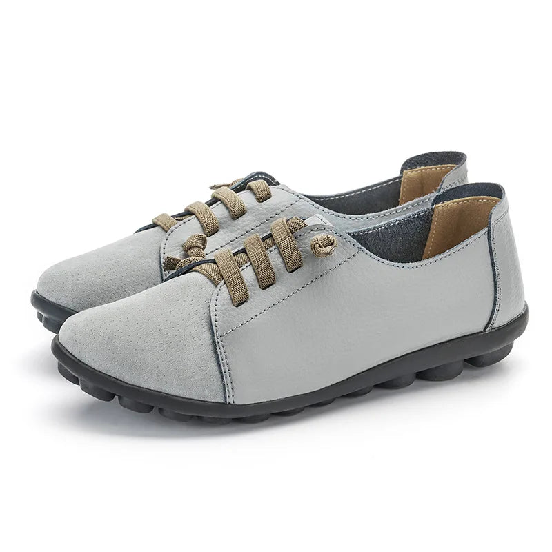 Women's Genuine Leather Mother Ladies Shoes Flats Loafers Ballerina Lace Up Soft Moccasins Plus Size 43 44 MX-052