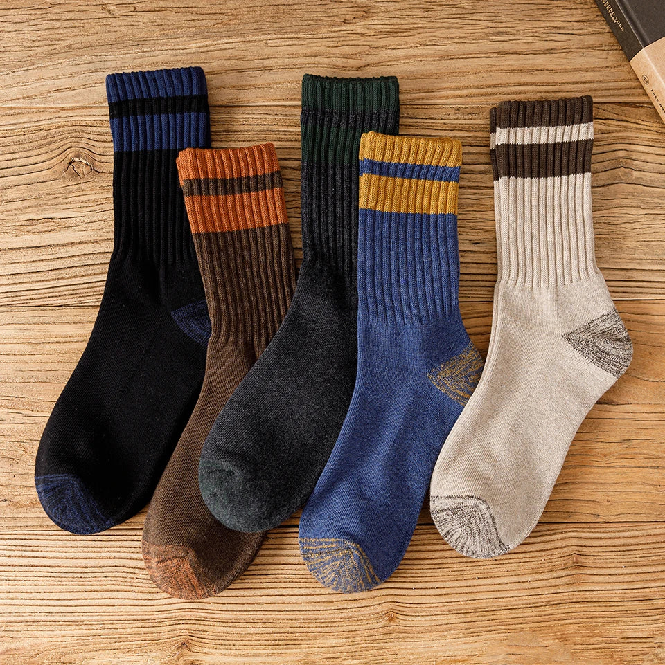 5 Pairs Winter Men's Cotton Tube Socks Harajuku Retro Thick Warm Striped Plus Size Long Terry Socks