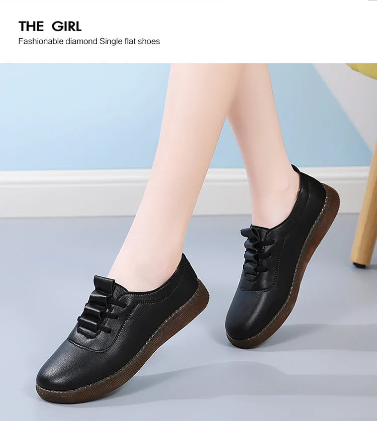 Women Ladies Mother Female Genuine Leather Flats Loafers White Shoes Soft Non Slip Vulcanized Shoes Size 35-41