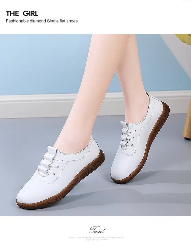 Women Ladies Mother Female Genuine Leather Flats Loafers White Shoes Soft Non Slip Vulcanized Shoes Size 35-41