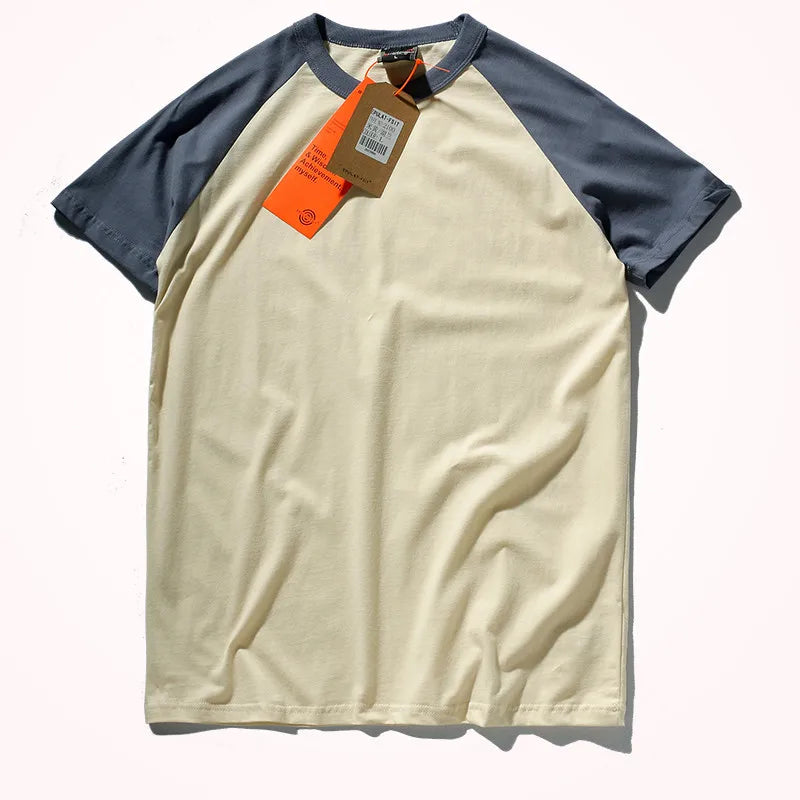 2023 Zomer Nieuw Raglanmouwen Tweekleurig Gestikt T-shirt Herenmode Korte mouwen Ronde hals 100% Katoen Casual Bottoming Top